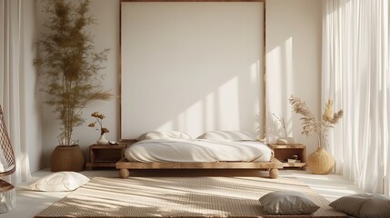 Frame mockup, modern home bedroom interior, wall poster frame