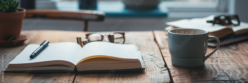 Poster a book is open on a table with a cup of coffee next to it. the book is titled 