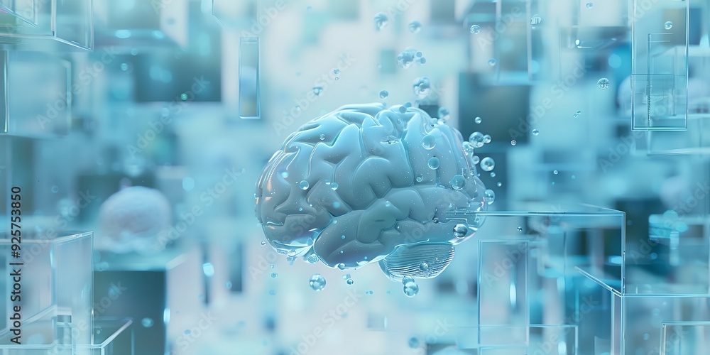 Poster a brain is floating in a blue liquid with bubbles. the brain is surrounded by a lot of cubes, which 