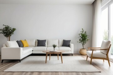 Modern Living Room with White Sectional Sofa and Wooden Armchair