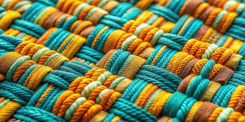 Vibrant interwoven threads of turquoise, yellow, and orange form a intricate pattern on a textured, hand-loomed fabric with a natural, earthy tone and soft focus.