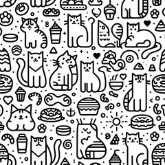 Fototapeta premium Cute Cats and Sweet Treats Seamless Pattern