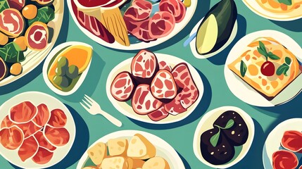 Spanish Cuisine Array Illustration, Vector Art Style, Paella and Charcuterie on Plates, Blue Tablecloth Setting with Soft Lighting