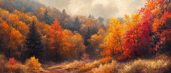 Vibrant Autumn Splendor: Thick Oil Painting of Endless Forest Landscape with Rich Textures and Colors