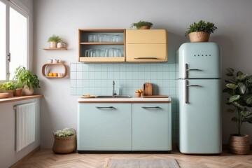 Vintage Style Kitchen with Blue Cabinetry and Appliances