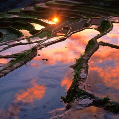 Sunset Reflection in Rice Terraces