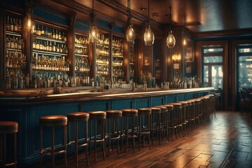 Vintage Bar Interior with Stools and Bottles
