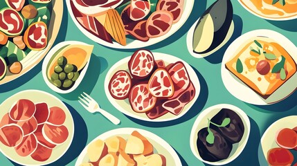 Spanish Cuisine Array Illustration, Vector Art Style, Paella and Charcuterie on Plates, Blue Tablecloth, Soft Lighting