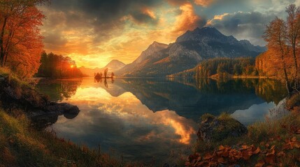A magical autumn sunset over Hintersee Lake, with the vibrant colors of fall reflected in the still waters and the surrounding mountains bathed in golden light.