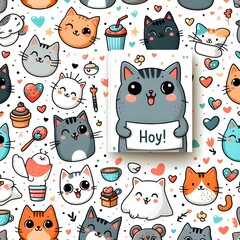 Cute Cat Seamless Pattern with Hoy! Banner