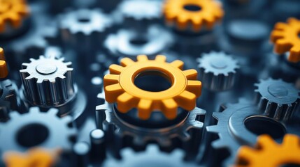 Close-up of metallic gears with vibrant orange components, symbolizing engineering, mechanics, and innovation in technology.