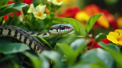 Obraz premium Snake Slithering Through a Garden Amidst Green Plants and Colorful Flowers