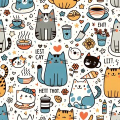 Cute Cat Seamless Pattern Background Illustration