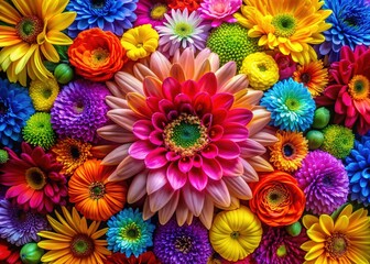 Vibrant petals explode from a central point, resembling a colorful bomb, as delicate flower fragments radiate outward in a whimsical and fantastical floral display.