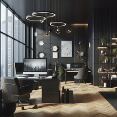 Modern Black Office Interior Design with City View