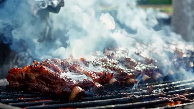Close-up of a BBQ smoker emitting fragrant smoke as it slow-cooks ribs and brisket for a backyard cookout.