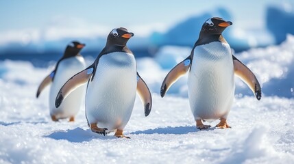 Obraz premium Penguins with Tracking Tags Waddling Across Antarctic Landscape