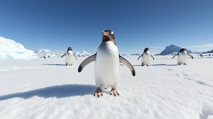Obraz premium Penguins with Tracking Tags Waddling Across Antarctic Landscape