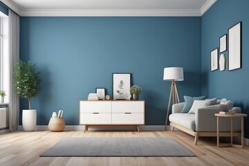 Modern living room with blue walls, white dresser, grey sofa, and wooden floor