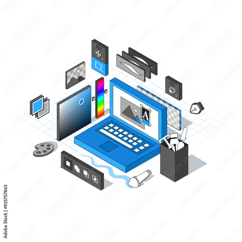Poster raster graphic editor in isometric style. minimalistic axonometric interface. big ui graphics. vecto