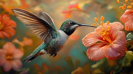 Naklejka premium Hummingbird feeding on hibiscus flower.