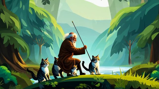 person in the garden old men with stick and cats