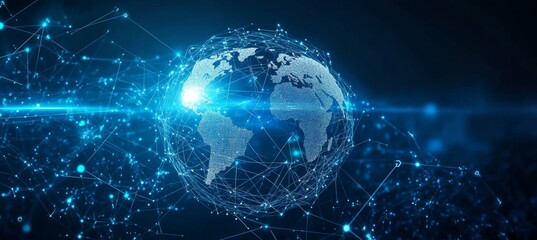 Fototapeta premium Abstract blue digital background with glowing network connections and global connection concept on a dark blue backdrop. Abstract technology, internet, or business theme vector illustration design ele