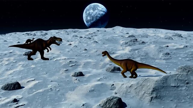 t-rex dinosaurs on a moon landscape