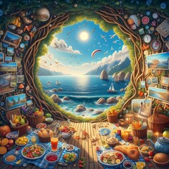 Summer Picnic Through a Tree Trunk with Ocean View