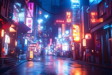 Neon Lights Reflect on Wet Pavement in a Vibrant Asian City