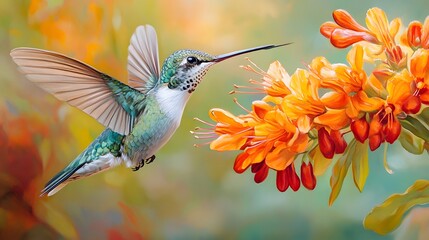 Naklejka premium Hummingbird in Flight with Orange Flowers.