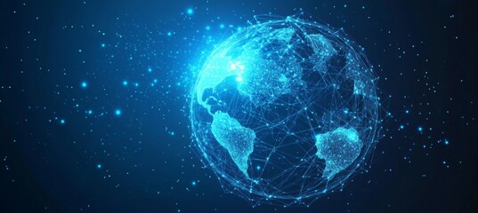 Obraz premium Abstract blue digital background with glowing network connections and global connection concept on a dark blue backdrop. Abstract technology, internet, or business theme vector illustration design ele