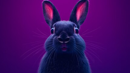 Fototapeta premium Close Up Portrait of a Black Bunny with Pink Ears on Purple Background.