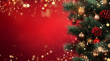 red christmas background with fir branches lights and decorations,Red Christmas Background with Golden Lights and Green Pine Branches Frame on Canvas Texture, Ideal for Holiday Card Templates and Cop
