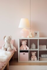 White and pink bedroom with teddy bears, a lamp, and a bookshelf.