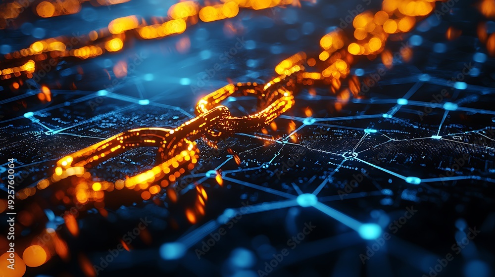 Poster a 3d illustration of financial technology, depicting a blockchain network that represents the forefr