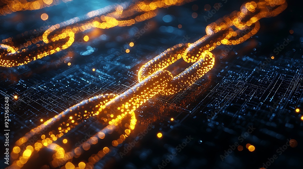 Poster a 3d illustration of financial technology, depicting a blockchain network that represents the forefr