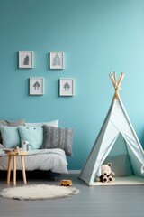 Playful nursery with a white teepee tent, a bed, a fuzzy rug, and a toy bus, against a blue wall with framed pictures.