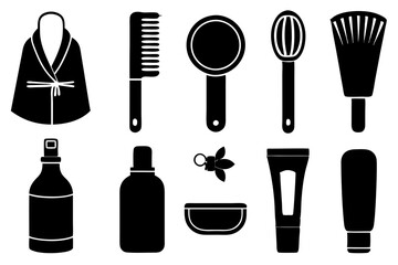 Personal Care Icons Set | Shampoo Bottle, Toothbrush, Razor, Perfume, Nail Polish, Hairdryer, Bathrobe Silhouette Vector Illustration