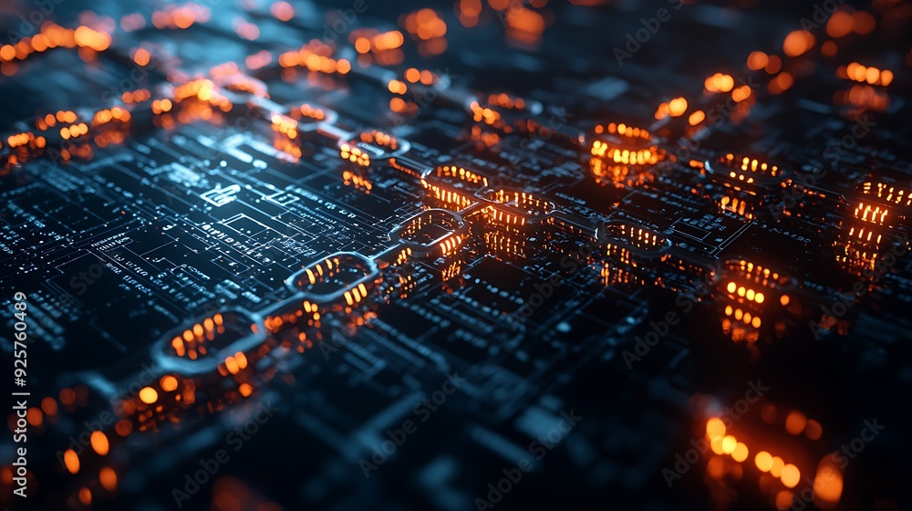 Poster a 3d illustration of financial technology, depicting a blockchain network that represents the forefr