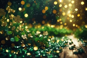 Golden Clovers on a Wooden Surface with Bokeh Background