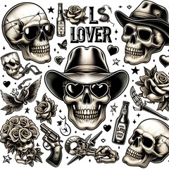 Skull Tattoo Design with Roses and Hearts