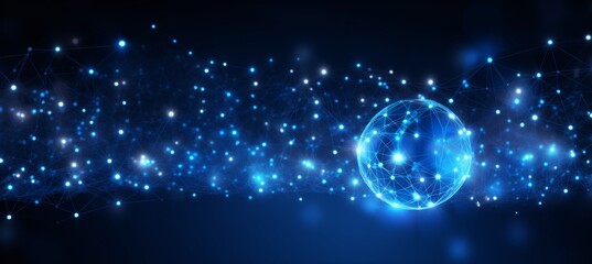 Abstract digital background with glowing network connections and a global map, symbolizing technology, connectivity, data transfer, and cyber security in a futuristic style