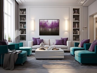 Modern living room with teal armchairs, white sofa, and abstract painting.
