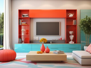 Modern living room with red and blue cabinets, a flat screen TV, and a wooden coffee table.