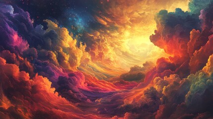 Ethereal Dreamscape - Surreal Digital Painting of Vivid Swirling Clouds in Endless Colorful Sky Creating Fantasy Atmosphere