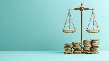 A 3D illustration of economic balance, featuring a scale with money, symbolizing stability and fairness in financial management, with clear copy space.