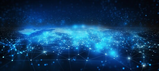 Abstract digital background with glowing network connections and a global map, symbolizing technology, connectivity, data transfer, and cyber security in a futuristic style