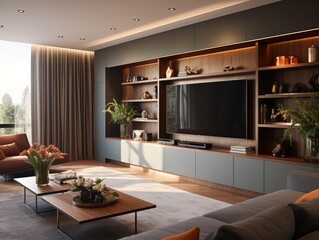 Modern living room with a large TV, wood shelves, and a gray sofa.