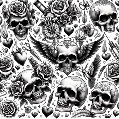 Black and White Skull and Rose Tattoo Pattern